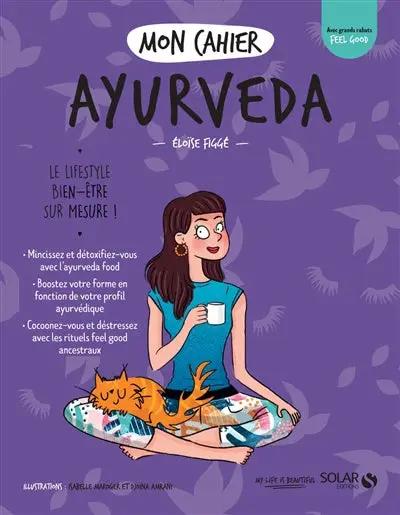 Livre Mon Cahier Ayurveda, couverture violette avec illustration d’une jeune fille assise en tailleur et son chat