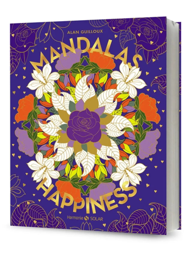 Livre Mandalas Happiness par Pür Sérénité – couverture violette avec mandala floral coloré et lettrage doré