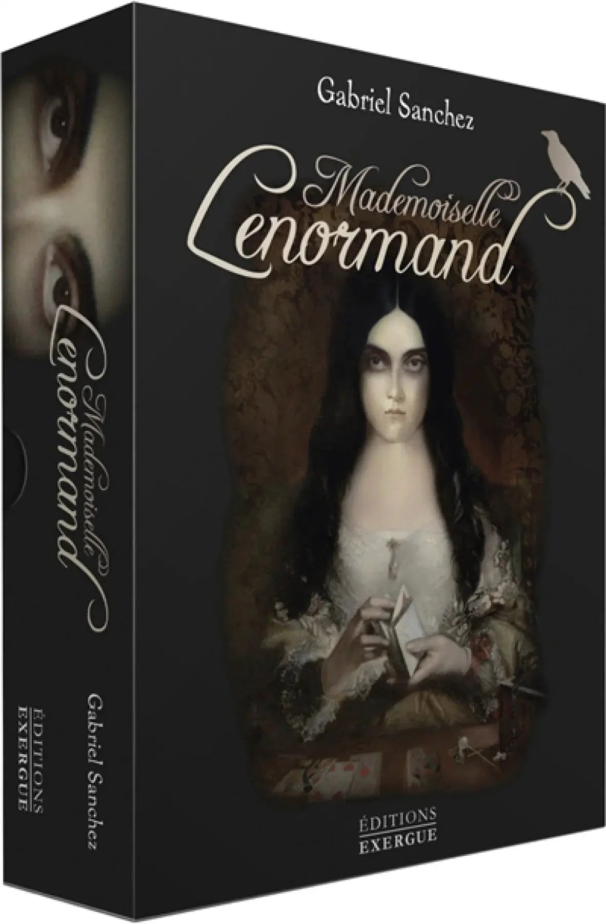 Astro Tarot Oracle Mademoiselle Lenormand French edition box with dark cover featuring a woman holding cards.