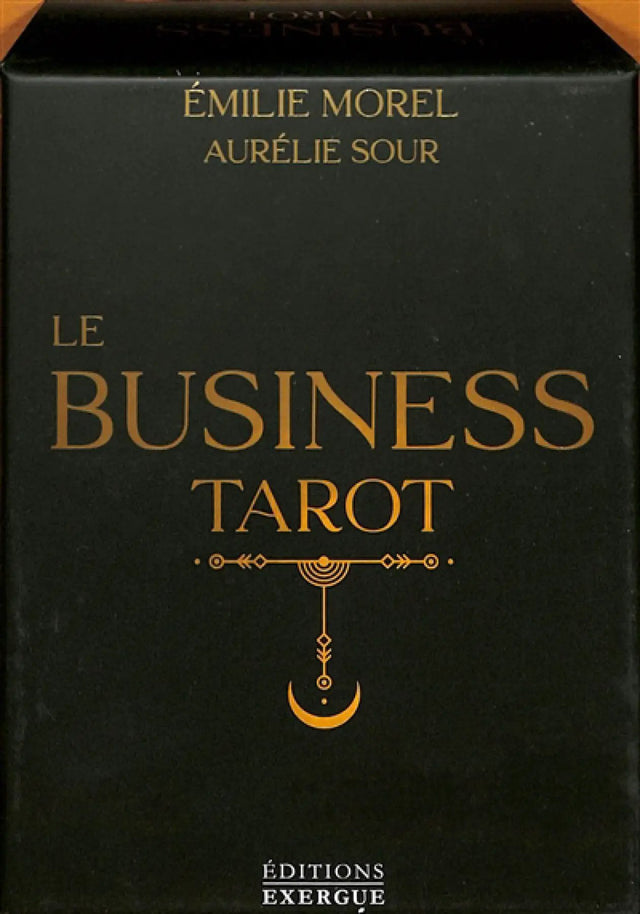 Le Business Tarot deck box in black with gold foil lettering and a decorative crescent motif, Éditions Exergue.
