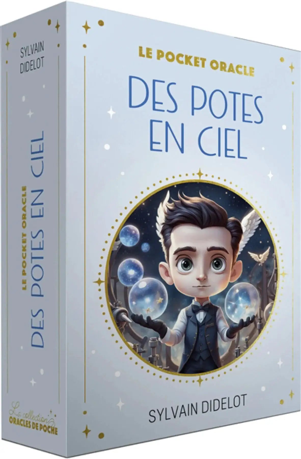 Astro Tarot Oracle box by Sylvain Didelot, light blue with gold accents and a winged boy illustration.