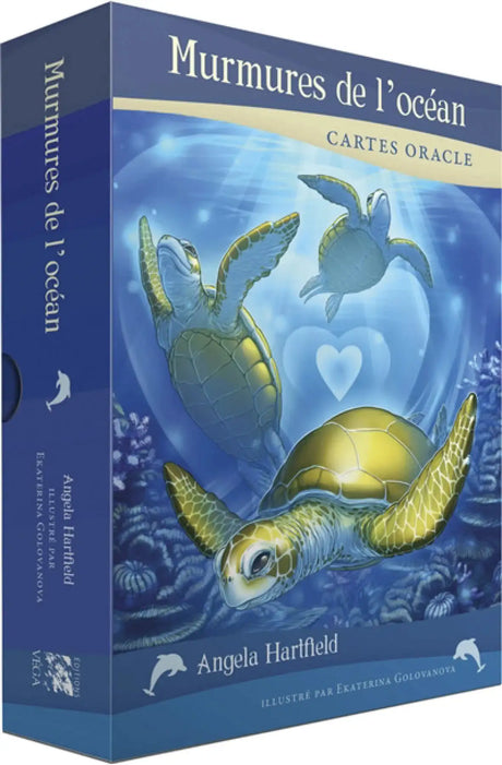 Astro Tarot Oracle deck: Murmures de l’océan in blue box featuring sea turtles, by Angela Hartfield.