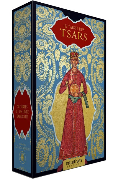 Astro Tarot Oracle box set Le Tarot des Tsars French version in a blue ornate box featuring a red-robed Tsar