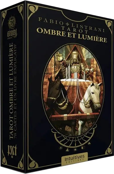 Astro Tarot Oracle box set, Tarot Ombre et Lumière French edition, black with gold foil and Fabio Listrani artwork