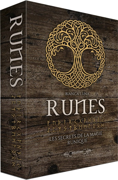Astro Tarot Oracle Runes deck by Pür Sérénité; brown wood-grain box with gold runic tree emblem