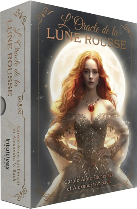 Astro Tarot Oracle L’Oracle de la Lune Rousse by Pür Sérénité tarot deck, red-haired woman before a full moon.