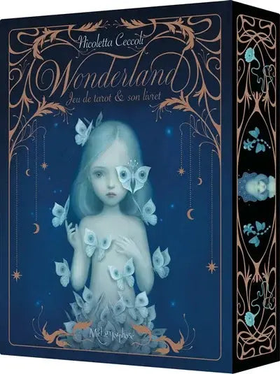Astro Tarot Oracle Wonderland tarot deck by Pür Sérénité; blue box with gold ornate frame and butterfly girl