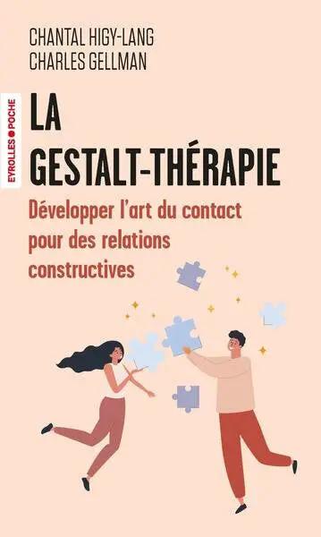 Livre La Gestalt-Thérapie, couverture pêche avec deux personnes et pièces de puzzle; édition Eyrolles Poche
