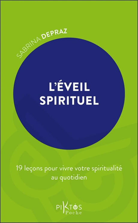 Livre L'Éveil Spirituel, couverture verte avec un grand cercle bleu et logo Pür Sérénité