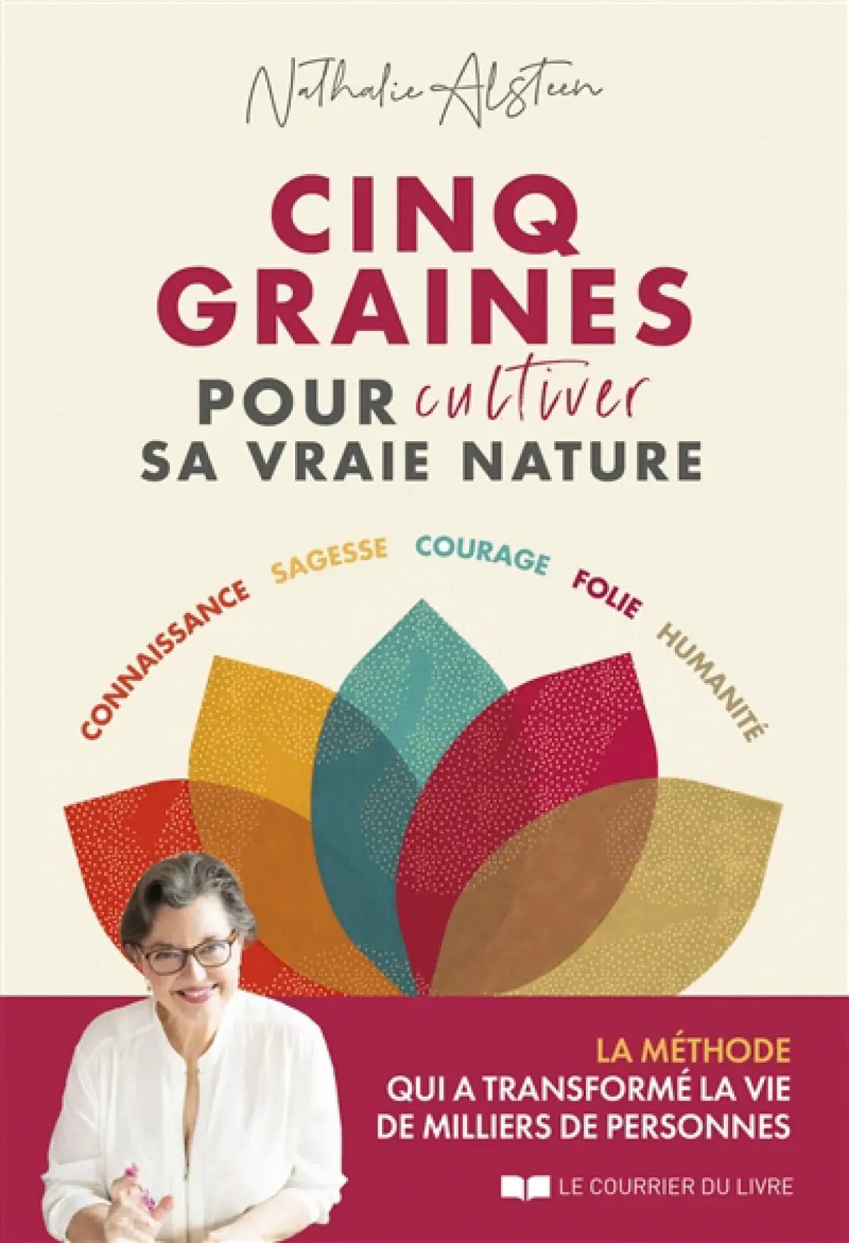Livre Cinq Graines pour Cultiver sa Vraie Nature par Pür Sérénité, couverture crème avec motifs colorés.