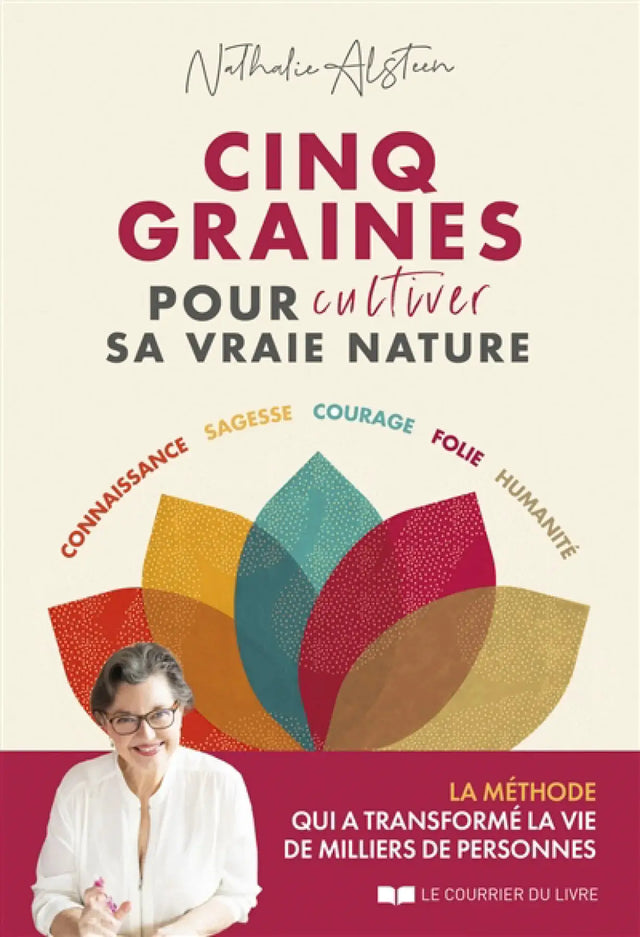 Livre Cinq Graines pour Cultiver sa Vraie Nature par Pür Sérénité, couverture crème avec motifs colorés.
