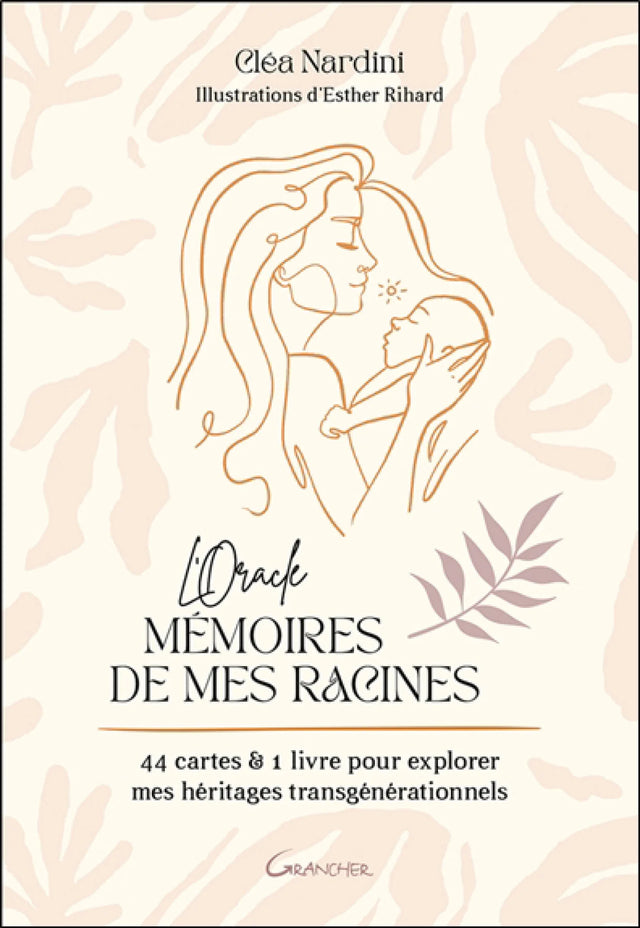 Astro Tarot Oracle deck by Pür Sérénité, French version; 44 cards and 1 guidebook with peach line-art mother and child.