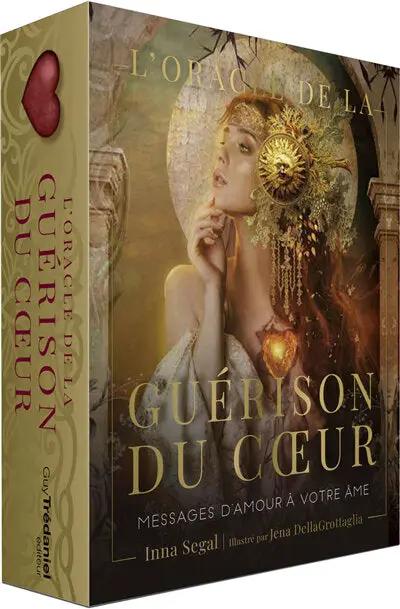 Astro Tarot Oracle box by Pür Sérénité, L'Oracle de la Guérison du Coeur, gold cover with a celestial woman and heart.
