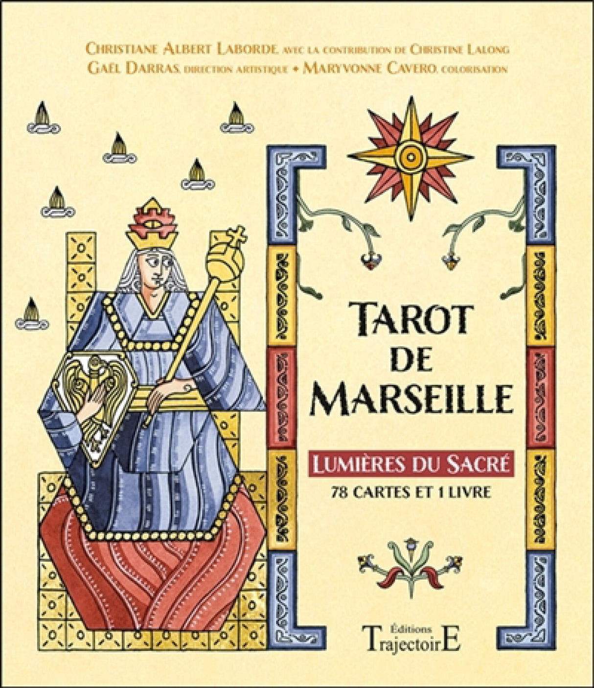 Astro Tarot Oracle deck, Tarot de Marseille Lumières du Sacré, blue-bordered cover with crowned king, by Pür Sérénité.