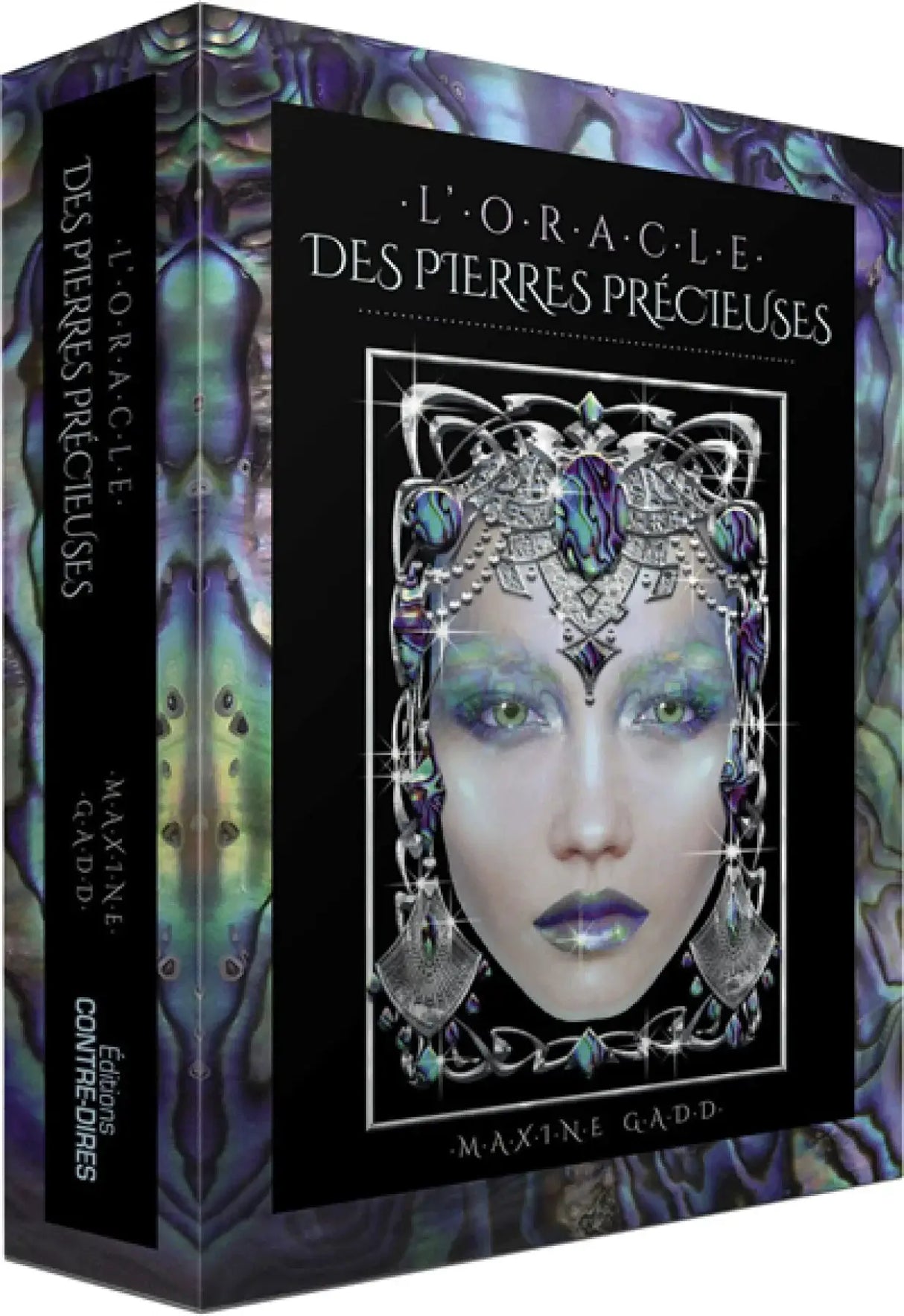 Astro Tarot Oracle L’Oracle des Pierres Précieuses (French) by Pür Sérénité; black box with silver ornate art and purple iridescent surround.