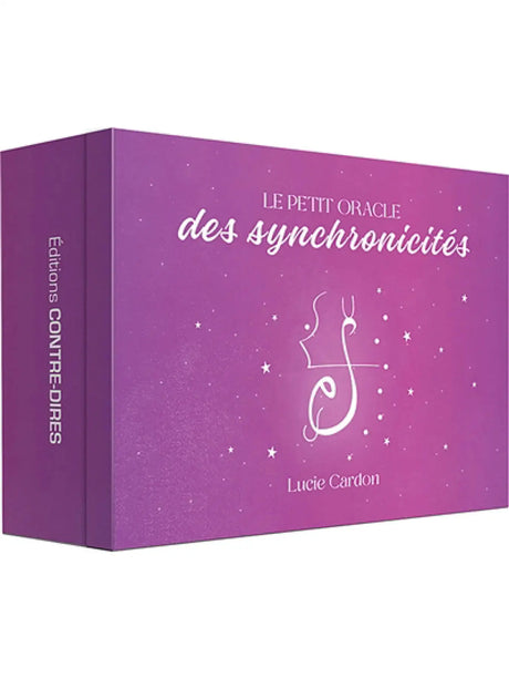 Astro Tarot Oracle box, purple with white script Le Petit Oracle des synchronicités and starry accents