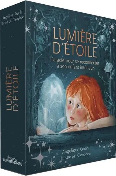 Lumière d'Étoile tarot oracle deck, French version, teal box featuring a red-haired girl and a glowing crystal ball.