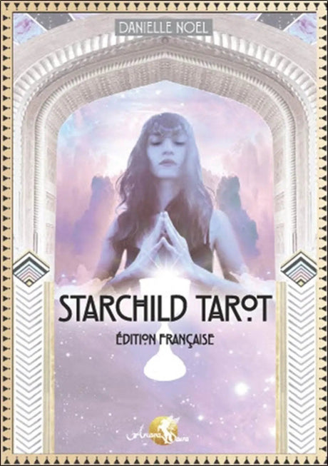 Starchild Tarot deck cover with pastel purple meditation figure framed by an ornate arch, French edition, Danielle Noel.