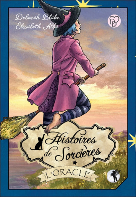 Astro Tarot Oracle card by Pür Sérénité; witch in pink coat flying on a broom at sunset