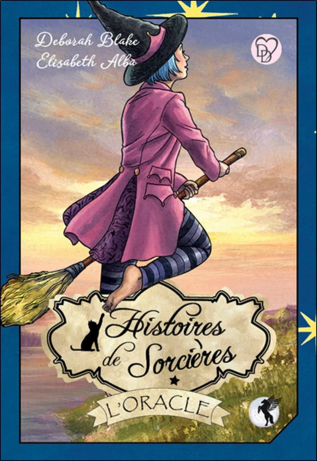 Astro Tarot Oracle card by Pür Sérénité; witch in pink coat flying on a broom at sunset