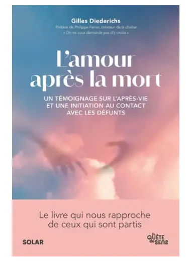 Livre L'amour après la mort, couverture bleu et rose dégradé avec logo Solar.