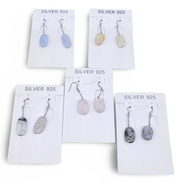 Earrings -925 Sterling -Natural Agate -Oval -Mixed Color