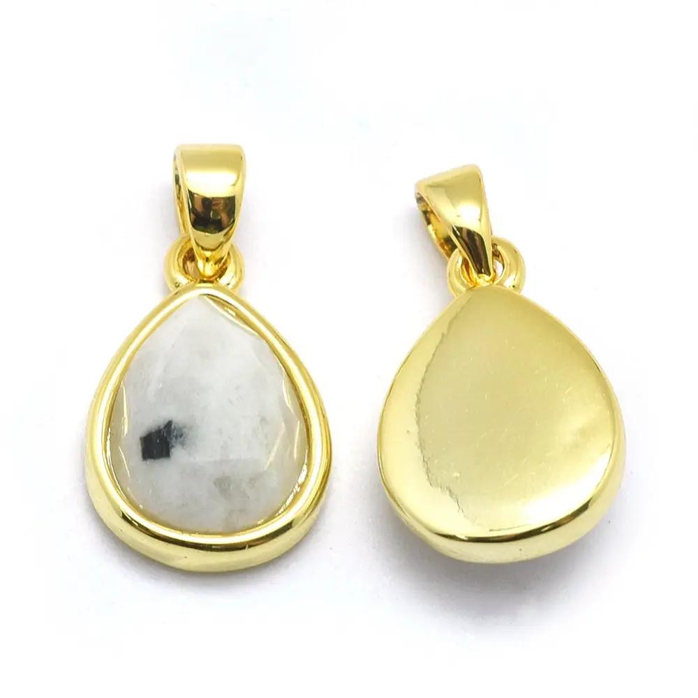 Necklace - Natural Rainbow Moonstone with Golden Tone Brass - Teardrop Shape