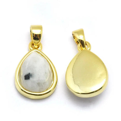 Necklace - Natural Rainbow Moonstone with Golden Tone Brass - Teardrop Shape