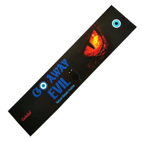 Goloka incense sticks Go Away Evil in black packaging with blue text and Goloka logo