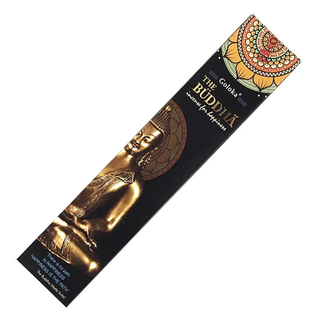 Goloka incense sticks Zenn The Buddha, black packaging with gold Buddha image and mandala accents, 15g