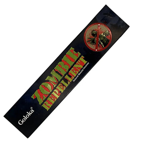 Incense sticks Goloka Zombie Repellent, 15g, black packaging with green and red lettering and Goloka logo.