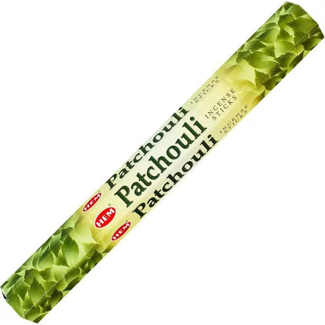 Incense sticks Patchouli, 20 sticks, by HEM in green leaf-pattern packaging