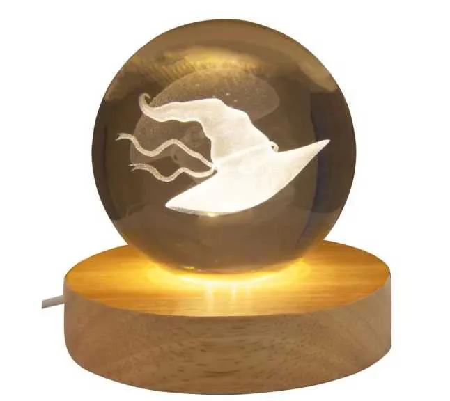 Home Decor -Glass Crystal Ball -Engrave Witch Hat -With LED Light Wood Base -3″