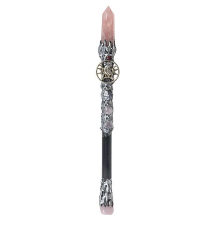 Wicca & Pagan - Magic Wand - Rose Quartz with Raven