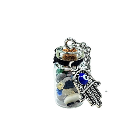 Necklace -Gemstone Chips & Fatima Hand -Glass Bottle Mixed Gemstones Chips