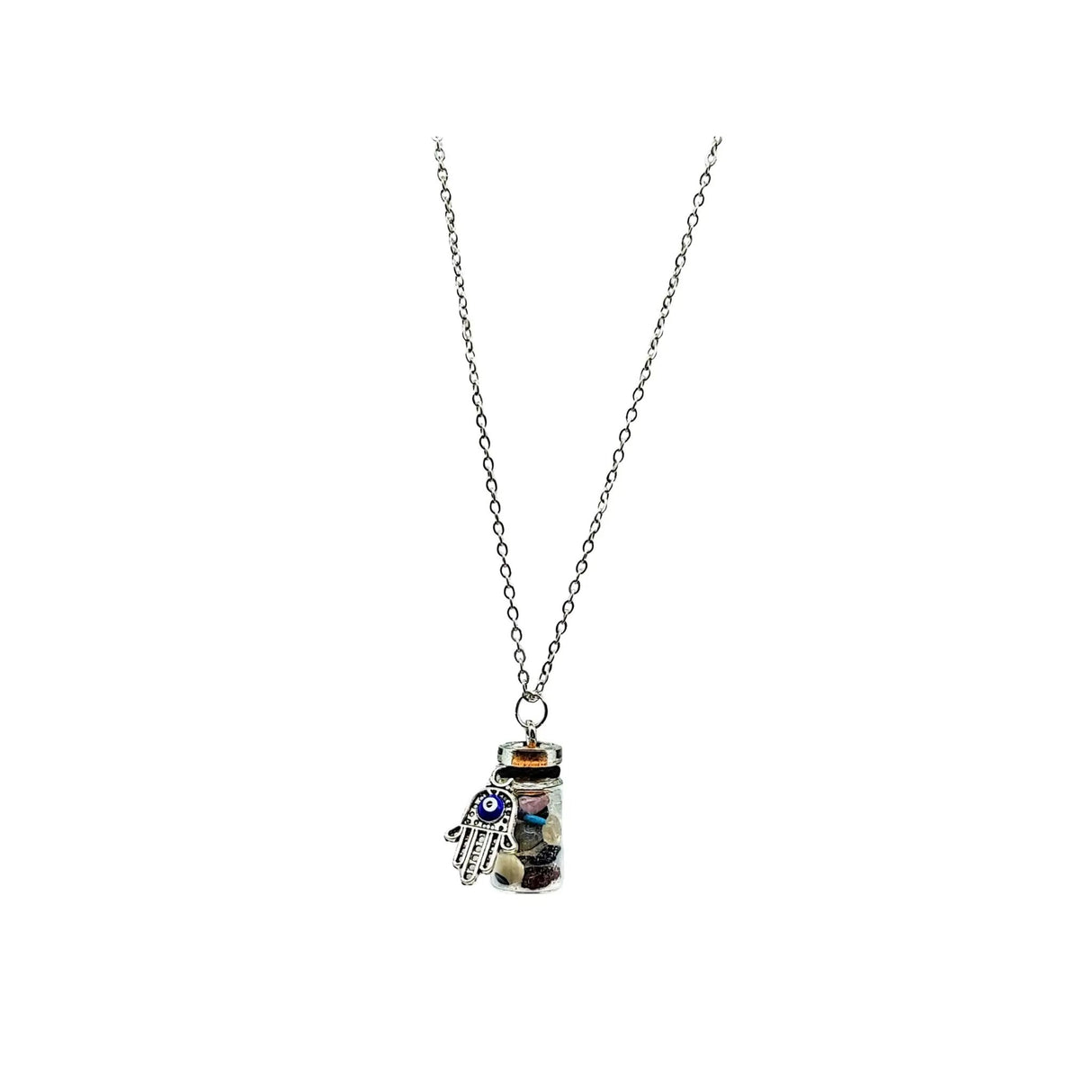 Necklace -Gemstone Chips & Fatima Hand -Glass Bottle