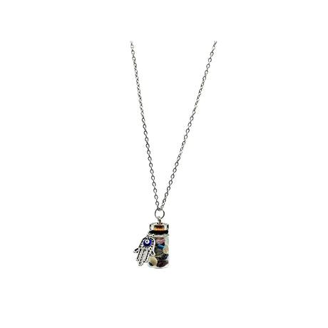 Necklace -Gemstone Chips & Fatima Hand -Glass Bottle