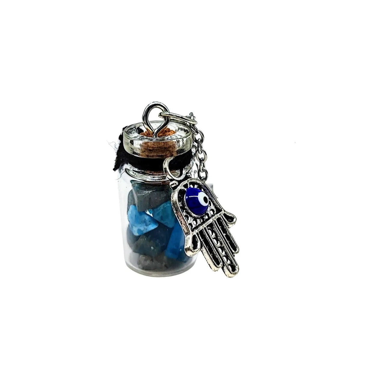 Necklace -Gemstone Chips & Fatima Hand -Glass Bottle Apatite