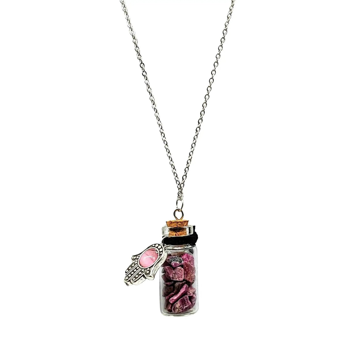 Necklace -Gemstone Chips & Fatima Hand -Large Glass Bottle