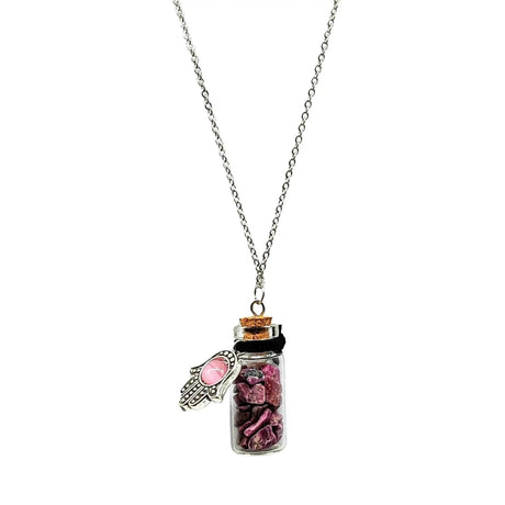 Necklace -Gemstone Chips & Fatima Hand -Large Glass Bottle