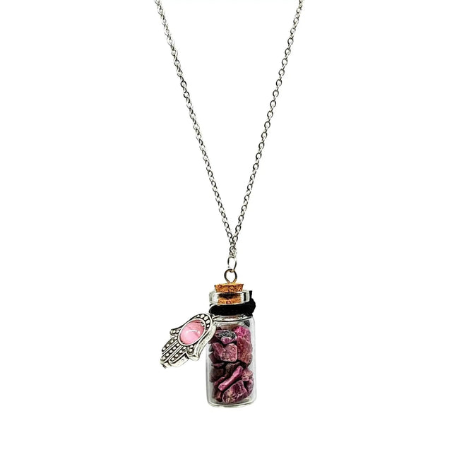 Necklace -Gemstone Chips & Fatima Hand -Large Glass Bottle