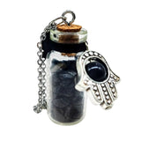 Necklace -Gemstone Chips & Fatima Hand -Large Glass Bottle Black Onyx