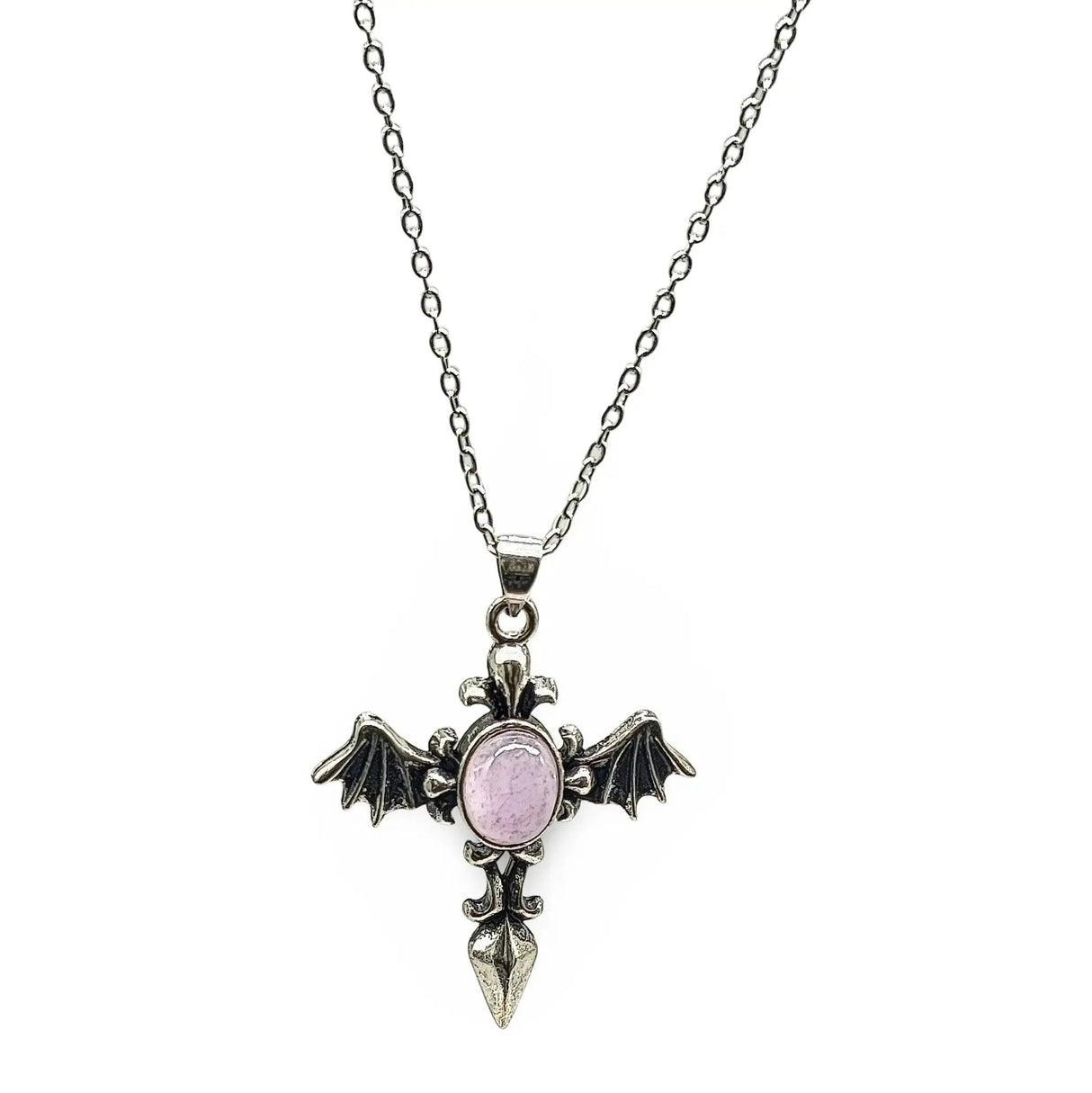 Necklace - Angel Wing Cross - Antique Silver - Charoite Gemstone