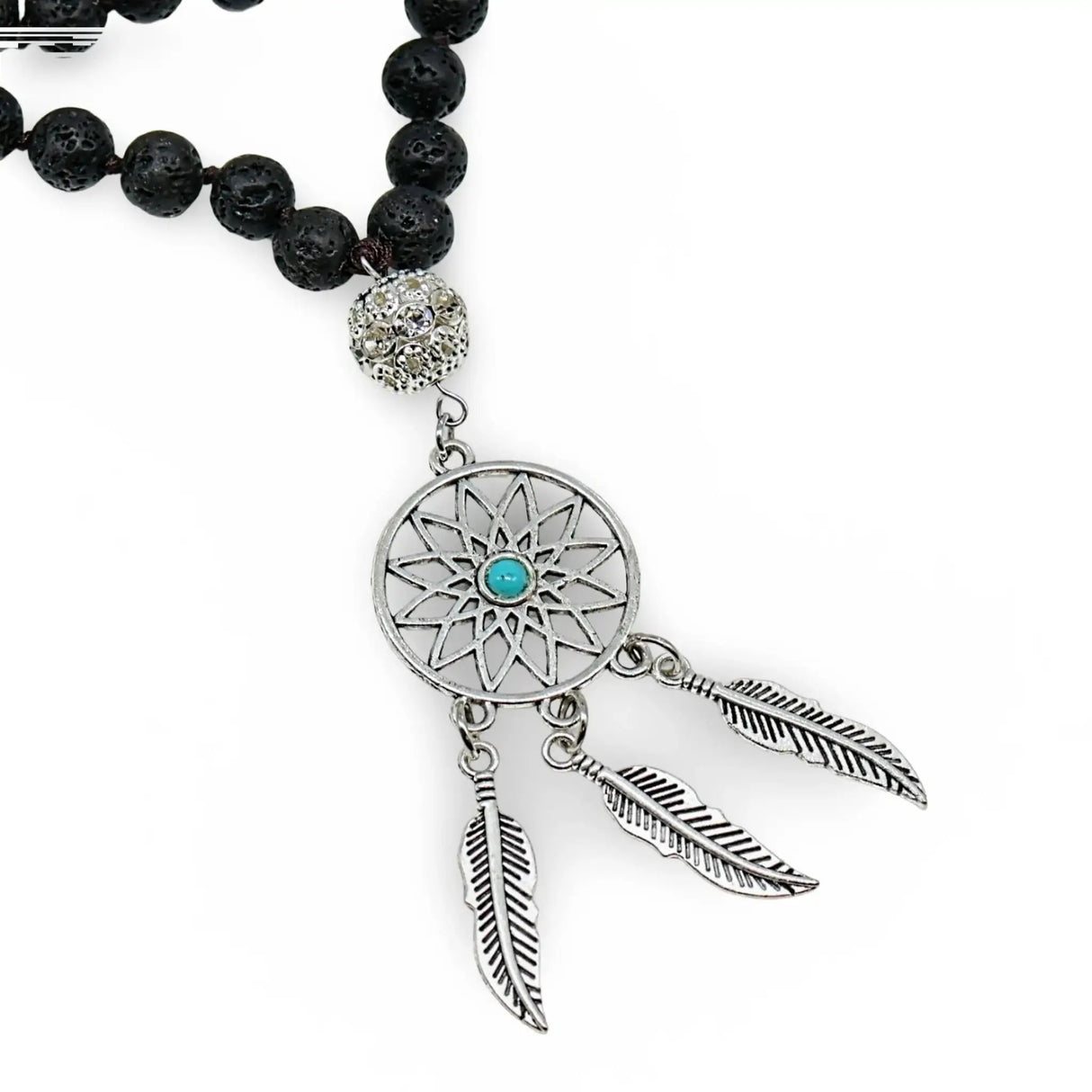 Mala - Bracele / Necklace - Multi Strand - Lava Stone Turquoise with Dream Catcher