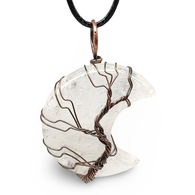 Necklace - Tree of Life - Natural Crystal Quartz - Crescent Moon