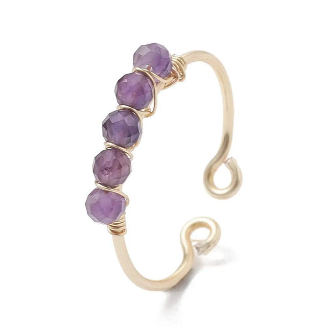 Ring - Copper Wire Wrapped - Natural Amethyst - Adjustable