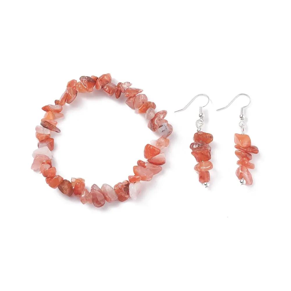 Bracelet & Earring - Elegant Gemstone Bracelet and Earring Set - Chips Red Agate