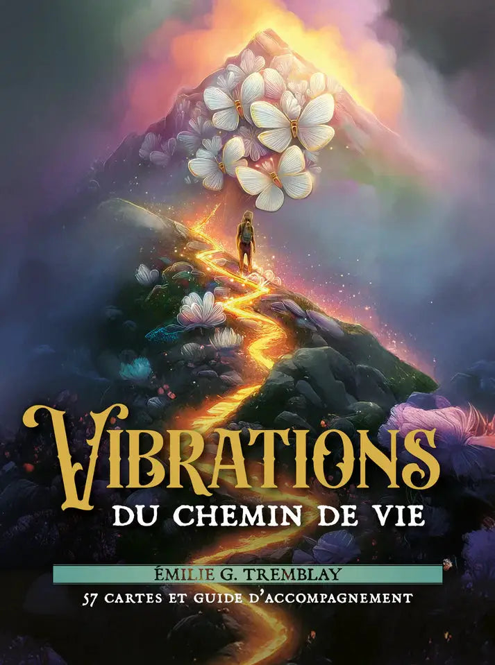 Vibrations du chemin de vie tarot deck cover with a glowing orange path through mountains and white butterflies.