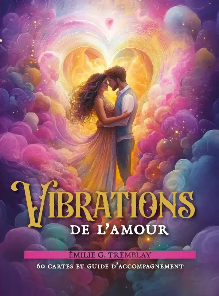 Astro Tarot Oracle deck by Pür Sérénité, Vibrations de l’Amour cover with a couple embraced among colorful clouds