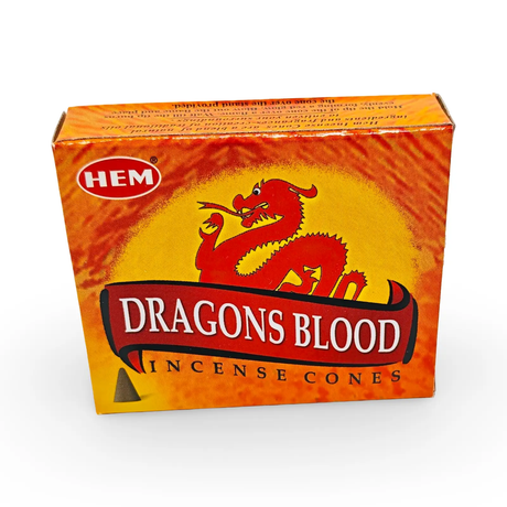 Incense cones by HEM, Dragons Blood, orange packaging with a red dragon graphic and HEM logo